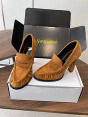 YSL 26S HEELED LOAFERS 100 MM IN BROWN SUEDE