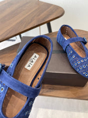 ALAIA 26S MARY JANE FLATS IN DARK BLUE SUEDE