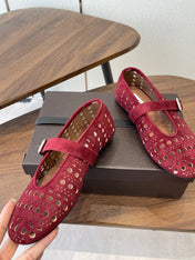 ALAIA 26S MARY JANE FLATS IN DARK RED SUEDE