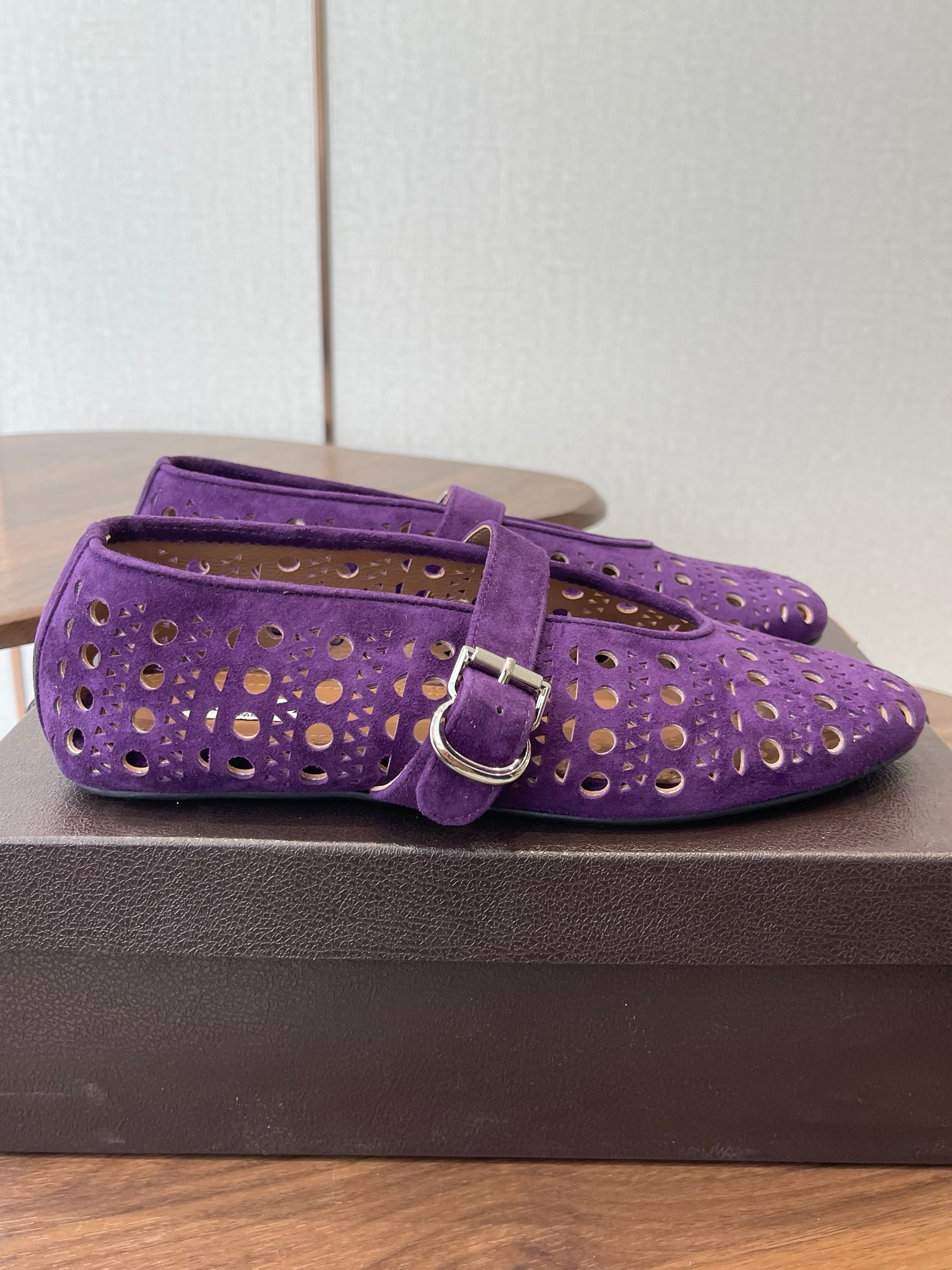 ALAIA 26S MARY JANE FLATS IN DARK PURPLE SUEDE