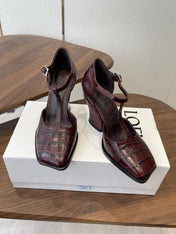 LOEWE 26S ONDA 90MM T-STRAP HIGH-HEEL SHOES IN WINE RED EMBOSSED CROCODILE CALFSKIN