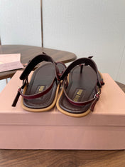 MIUMIU 26S FLIP FLOPS IN DARK BROWN AND BURGUNDY RED CALFSKIN