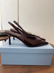 PRADA 26S SLINGBACK PUMPS 75MM IN BURNT BROWN PATENT CALFSKIN WITH LOGO