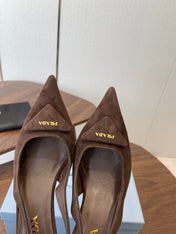 PRADA 26S SLINGBACK PUMPS 75MM IN DARK BROWN SUEDE WITH LOGO