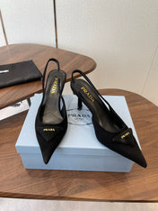 PRADA 26S SLINGBACK PUMPS 75MM IN BLACK SUEDE WITH LOGO