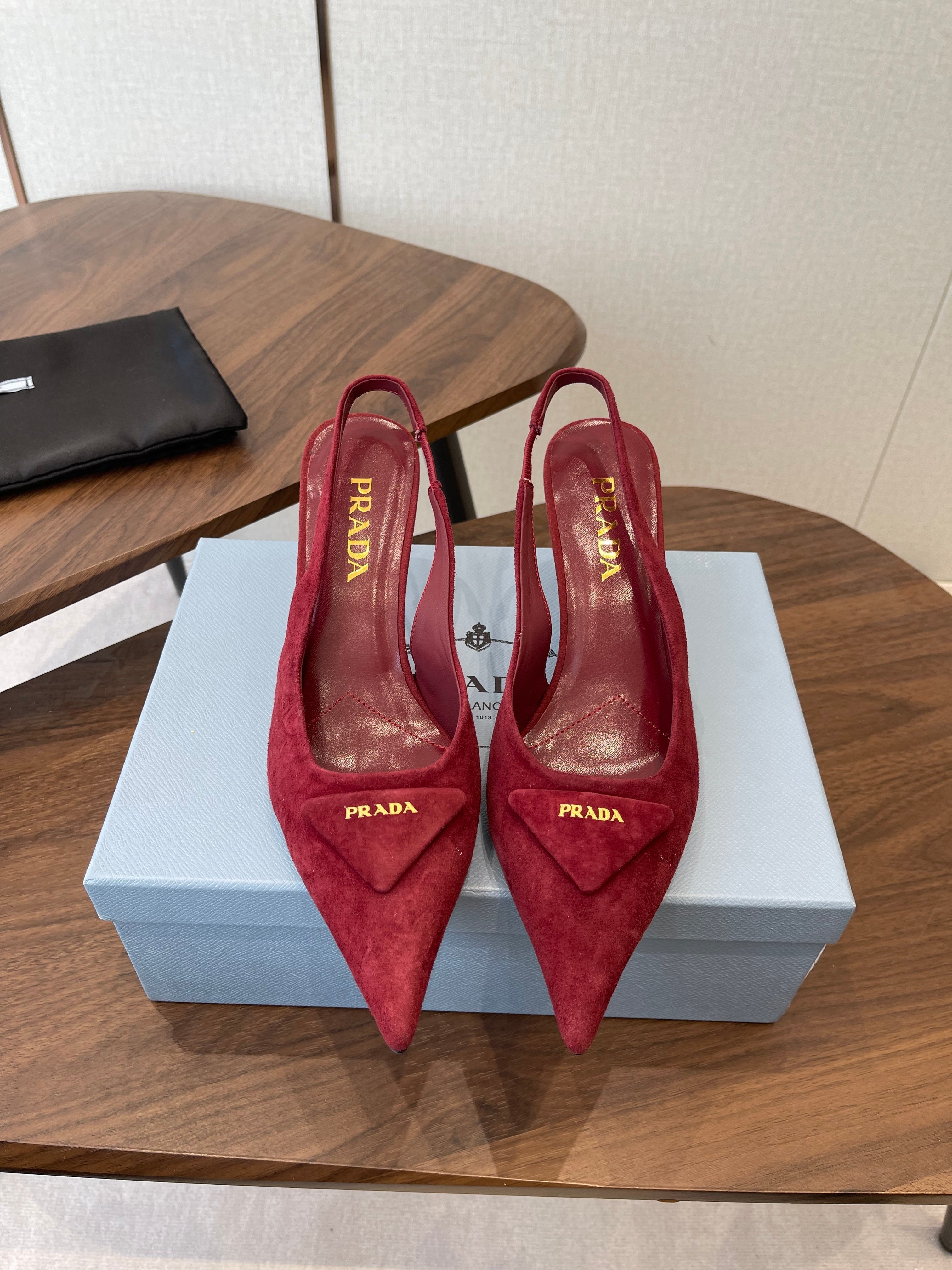 PRADA 26S SLINGBACK PUMPS 75MM IN BURGUNDY RED SUEDE WITH LOGO