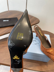 PRADA 26S SLINGBACK PUMPS 75MM IN CARAMEL BROWN SUEDE WITH LOGO