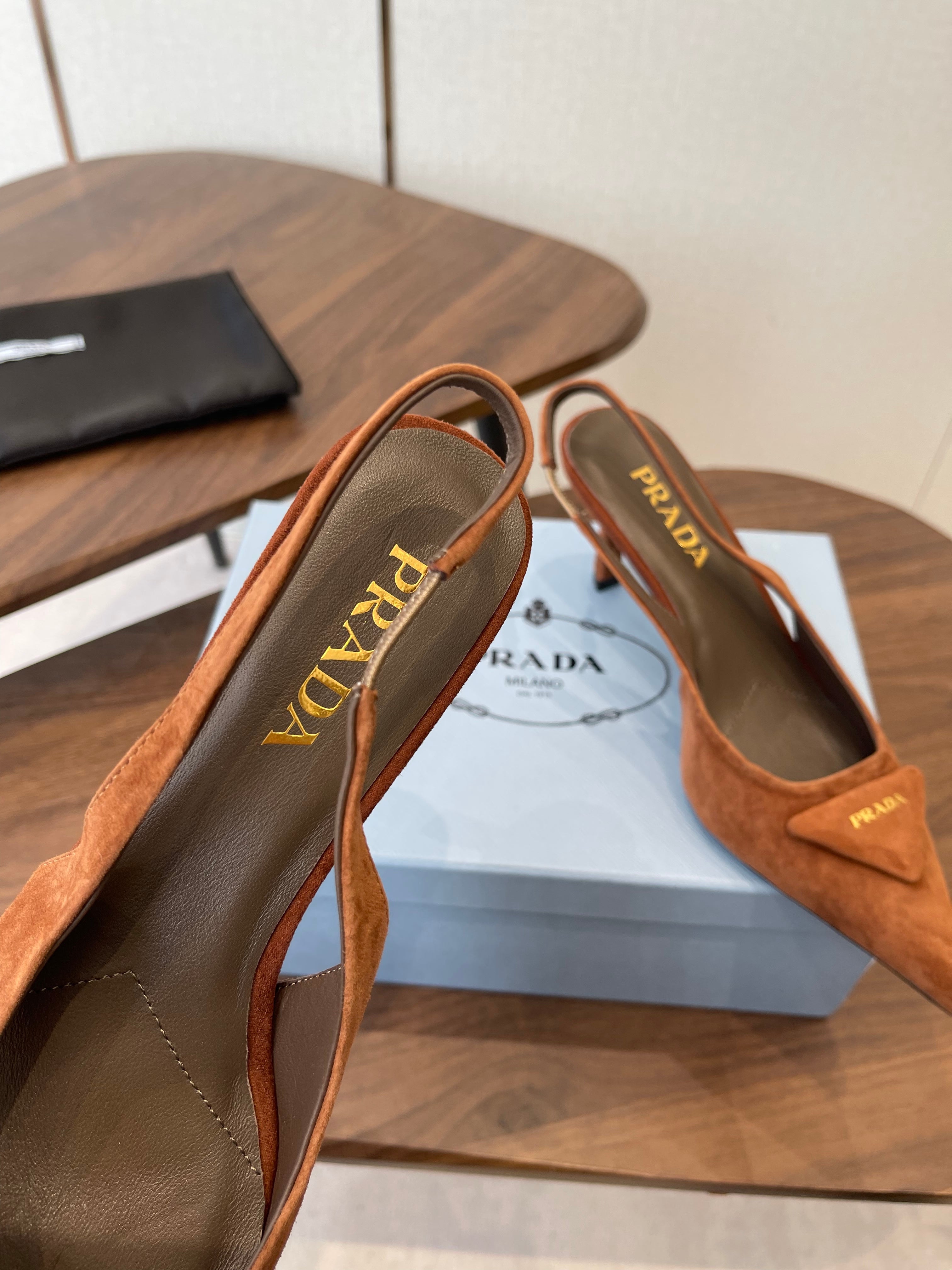 PRADA 26S SLINGBACK PUMPS 75MM IN CARAMEL BROWN SUEDE WITH LOGO