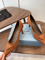 PRADA 26S POINTED TOE HIGH HEELS 75MM IN CARAMEL BROWN SUEDE WITH LOGO