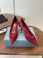 PRADA 26S POINTED TOE HIGH HEELS 75MM IN DARK RED SUEDE WITH LOGO