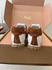 MIUMIU 26S SNEAKERS IN WHITE AND CARAMEL BROWN FABRIC AND SUEDE