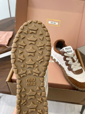 MIUMIU 26S SNEAKERS IN WHITE AND CARAMEL BROWN FABRIC AND SUEDE