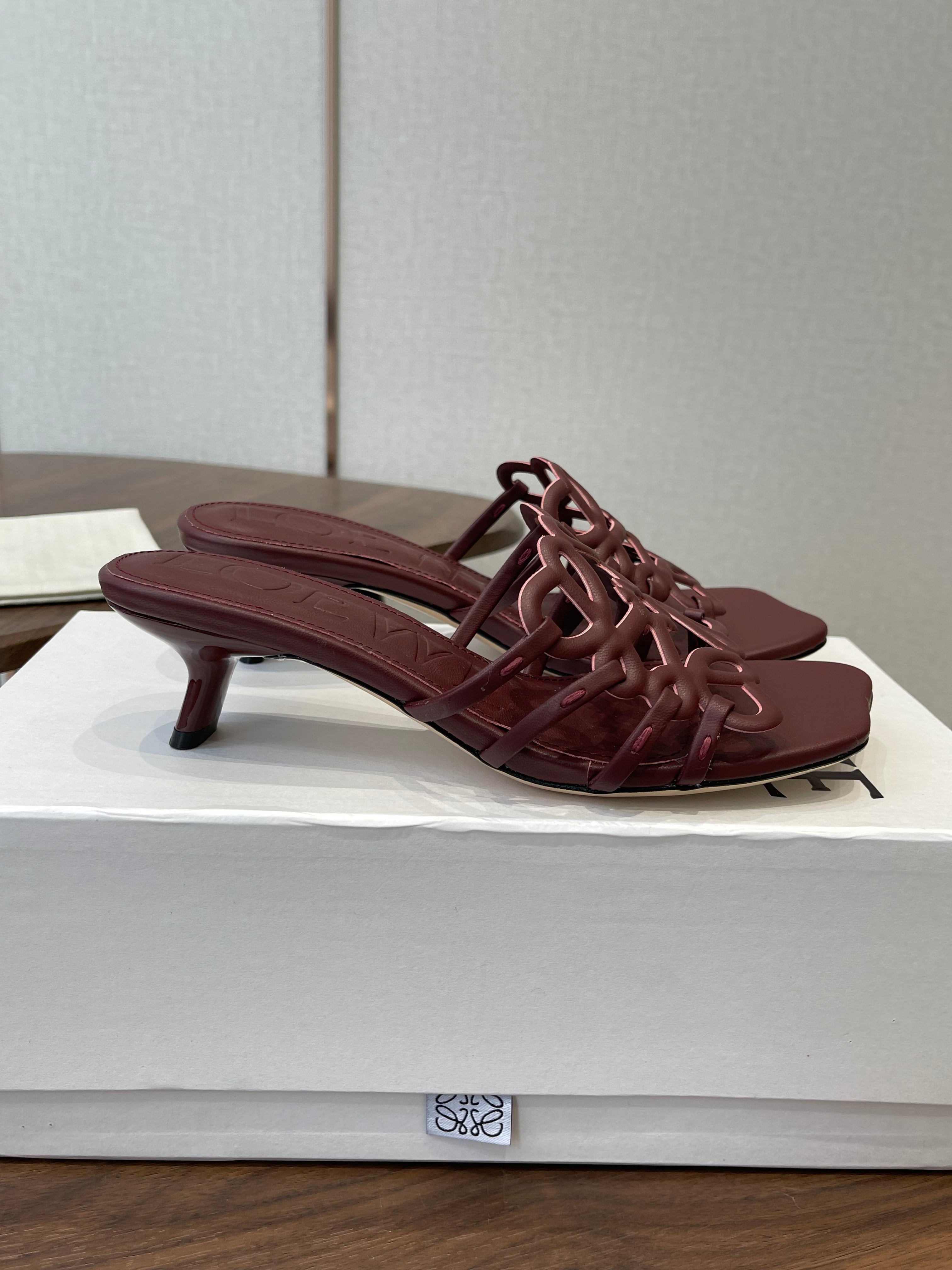 LOEWE 26S HIGH HEEL SANDALS IN WINE RED CALFSKIN