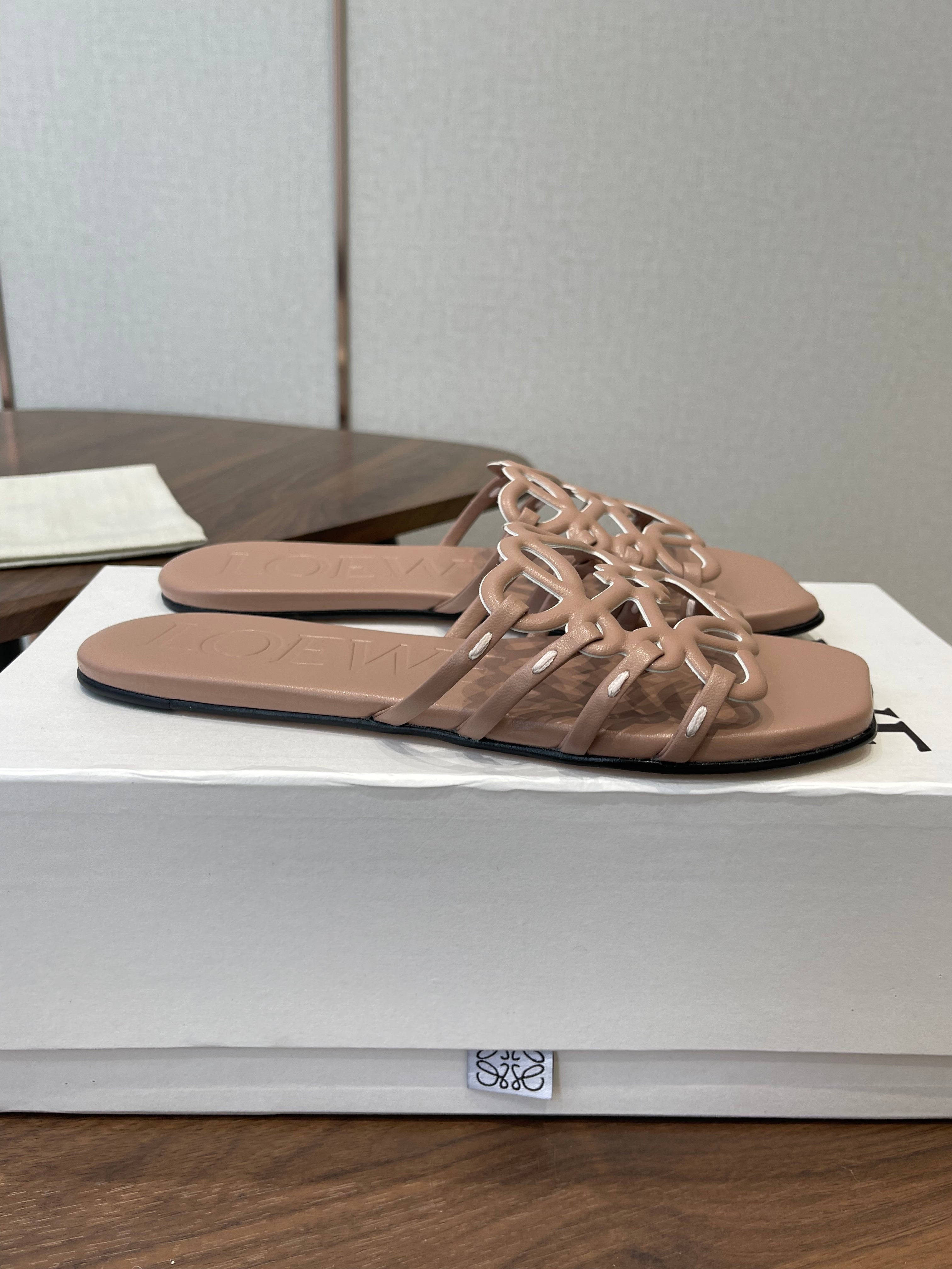 LOEWE 26S PETAL ANAGRAM SLIDE IN TAUPE BROWN CALFSKIN