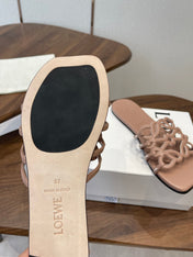 LOEWE 26S PETAL ANAGRAM SLIDE IN TAUPE BROWN CALFSKIN