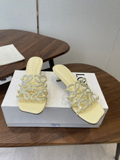 LOEWE 26S HIGH HEEL SANDALS IN LIGHT YELLOW CALFSKIN WITH CRYSTALS