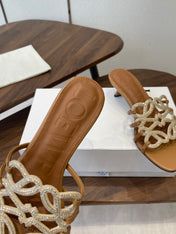 LOEWE 26S HIGH HEEL SANDALS IN CAMEL BROWN CALFSKIN WITH CRYSTALS
