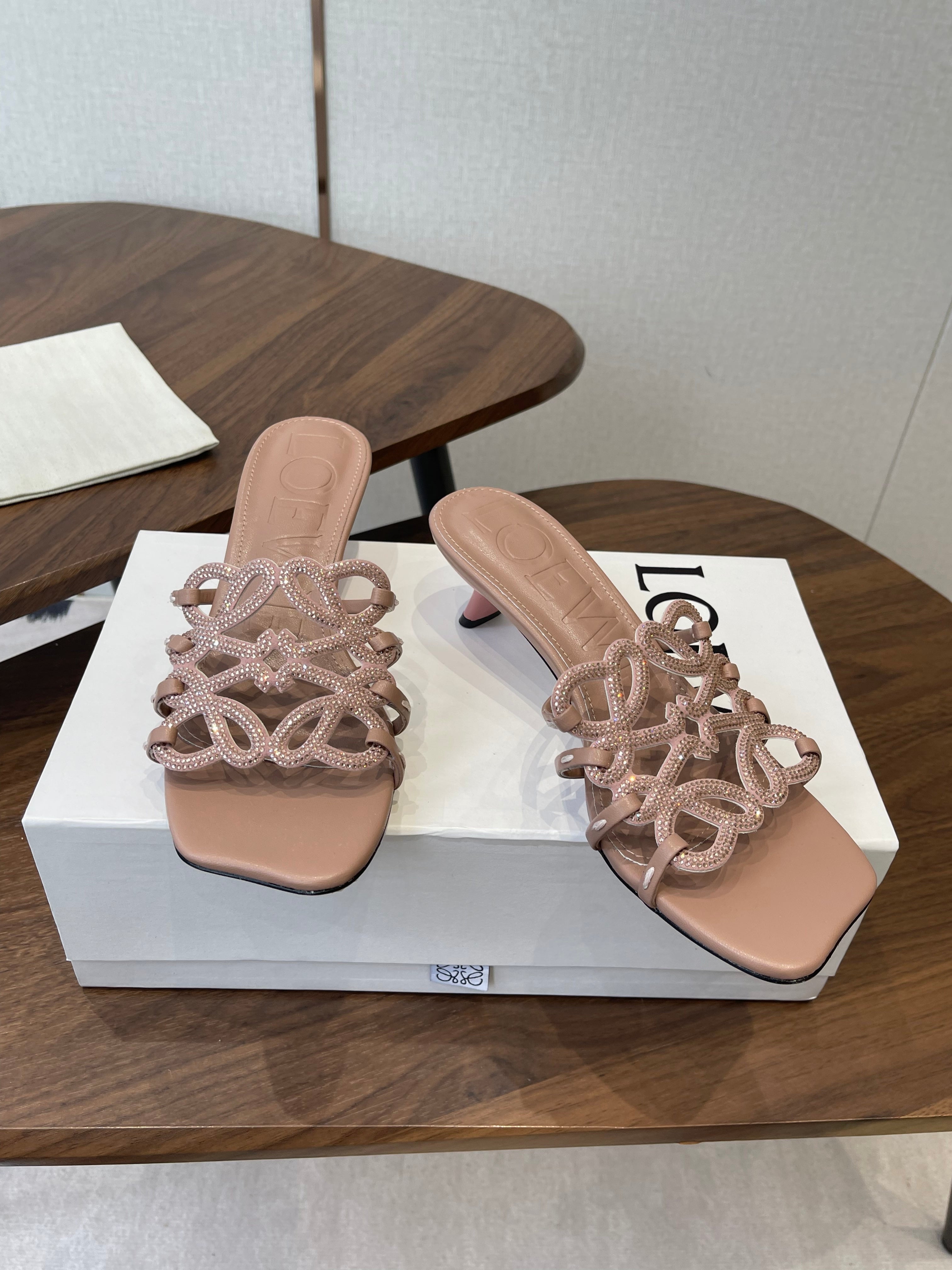 LOEWE 26S HIGH HEEL SANDALS IN TAUPE BROWN CALFSKIN WITH CRYSTALS