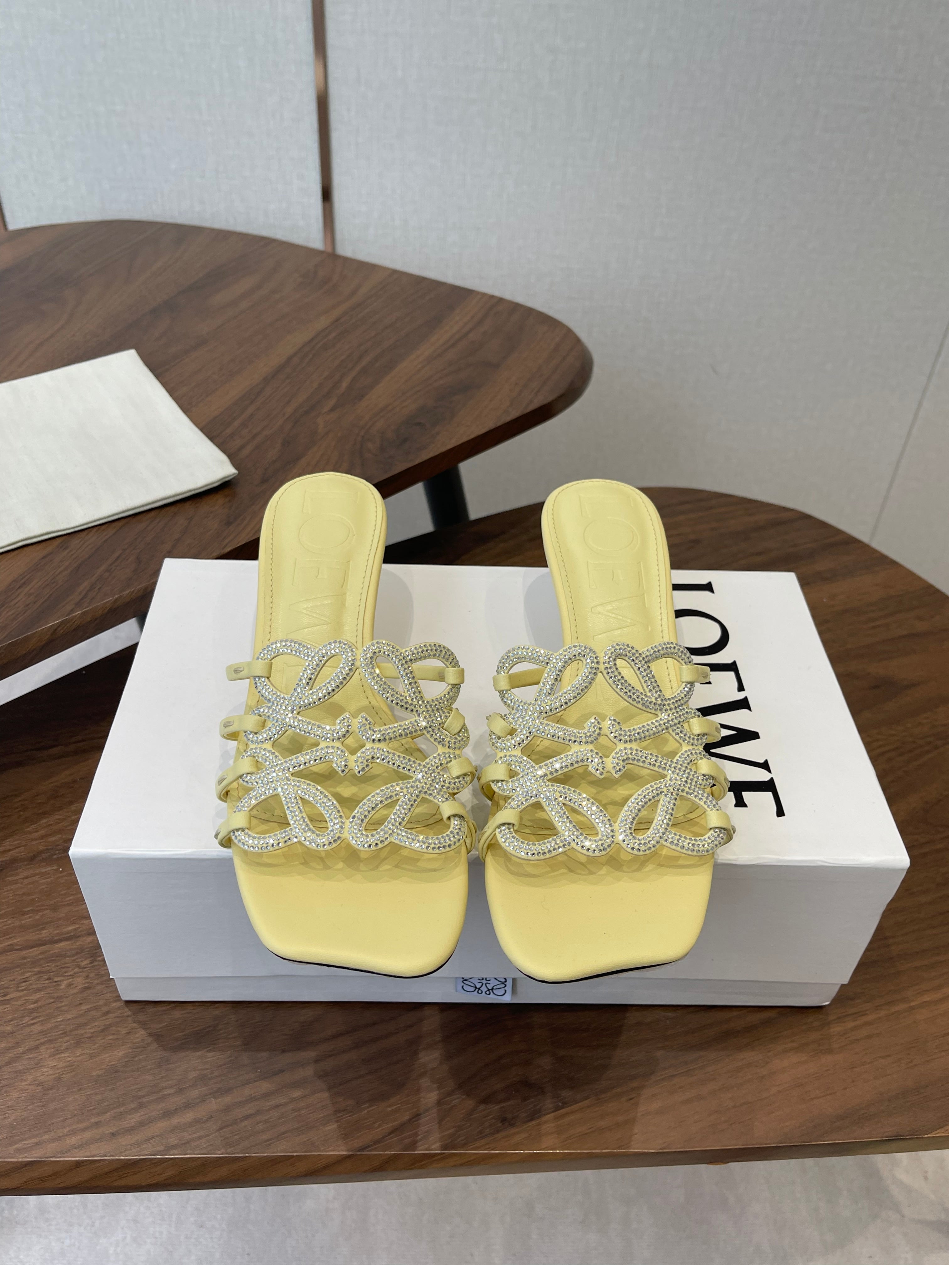 LOEWE 26S HIGH HEEL SANDALS IN BUTTER YELLOW CALFSKIN WITH CRYSTALS