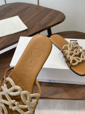 LOEWE 26S FLAT SANDALS IN CAMEL BROWN CALFSKIN WITH CRYSTALS