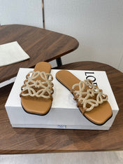 LOEWE 26S FLAT SANDALS IN CAMEL BROWN CALFSKIN WITH CRYSTALS
