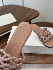 LOEWE 26S PETAL ANAGRAM SLIDE IN TAUPE BROWN CALFSKIN WITH CRYSTALS