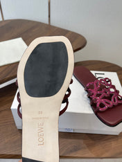 LOEWE 26S FLAT SANDALS IN WINE RED CALFSKIN WITH CRYSTALS