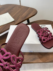 LOEWE 26S FLAT SANDALS IN WINE RED CALFSKIN WITH CRYSTALS