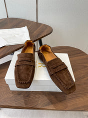 THE ROW 26S SQUARE TOE LOAFERS IN DARK BROWN SUEDE