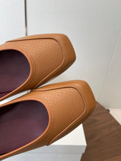 THE ROW 26S SQUARE TOE  BALLET FLATS IN CARAMEL BROWN CALFSKIN