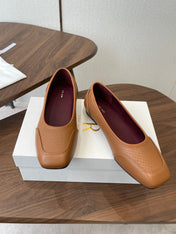 THE ROW 26S SQUARE TOE  BALLET FLATS IN CARAMEL BROWN CALFSKIN