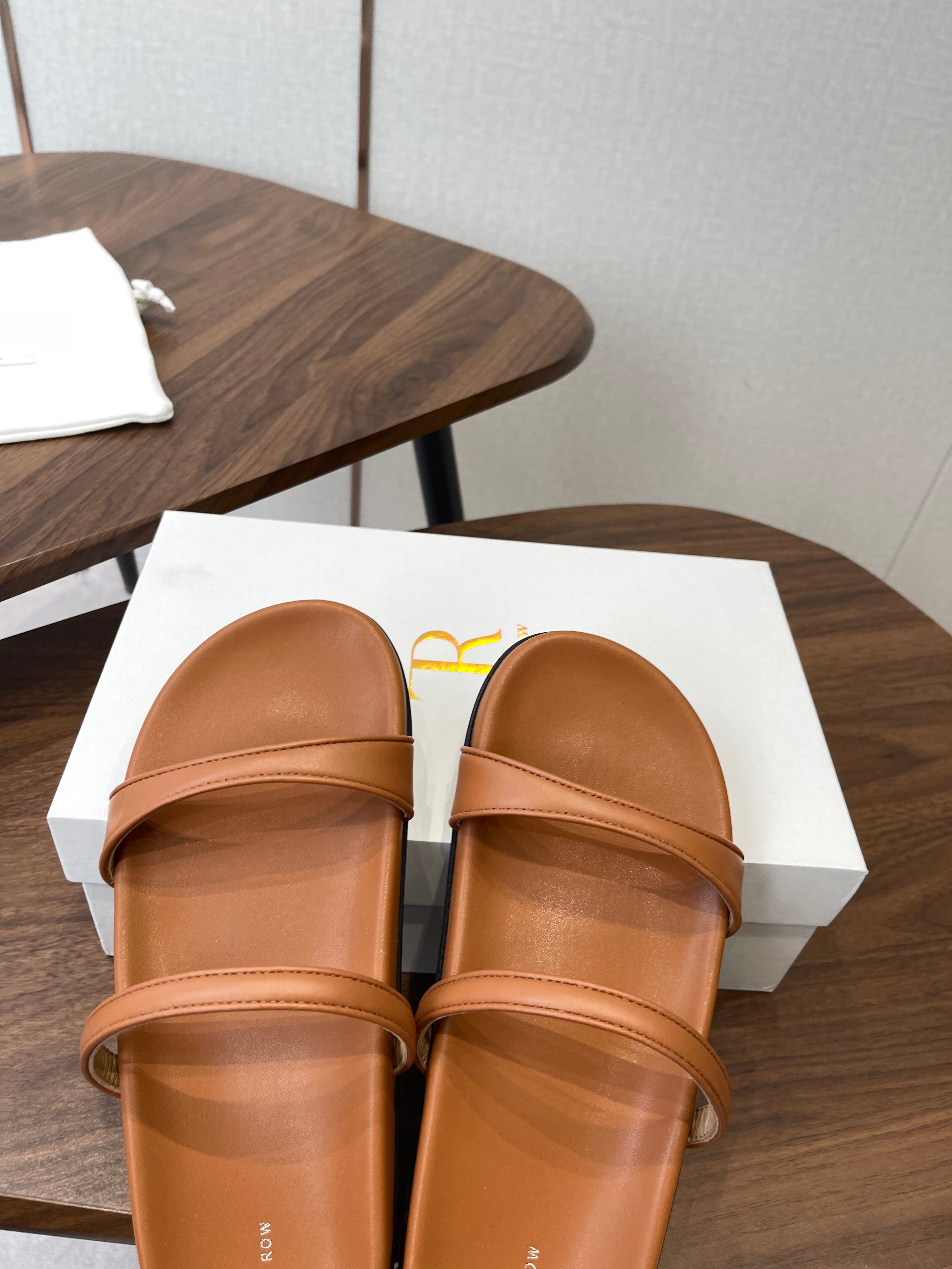 THE ROW 26S DOUBLE STRAP FLAT SANDALS IN CARAMEL BROWN CALFSKIN