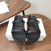 THE ROW 26S DOUBLE STRAP FLAT SANDALS IN BLACK CALFSKIN