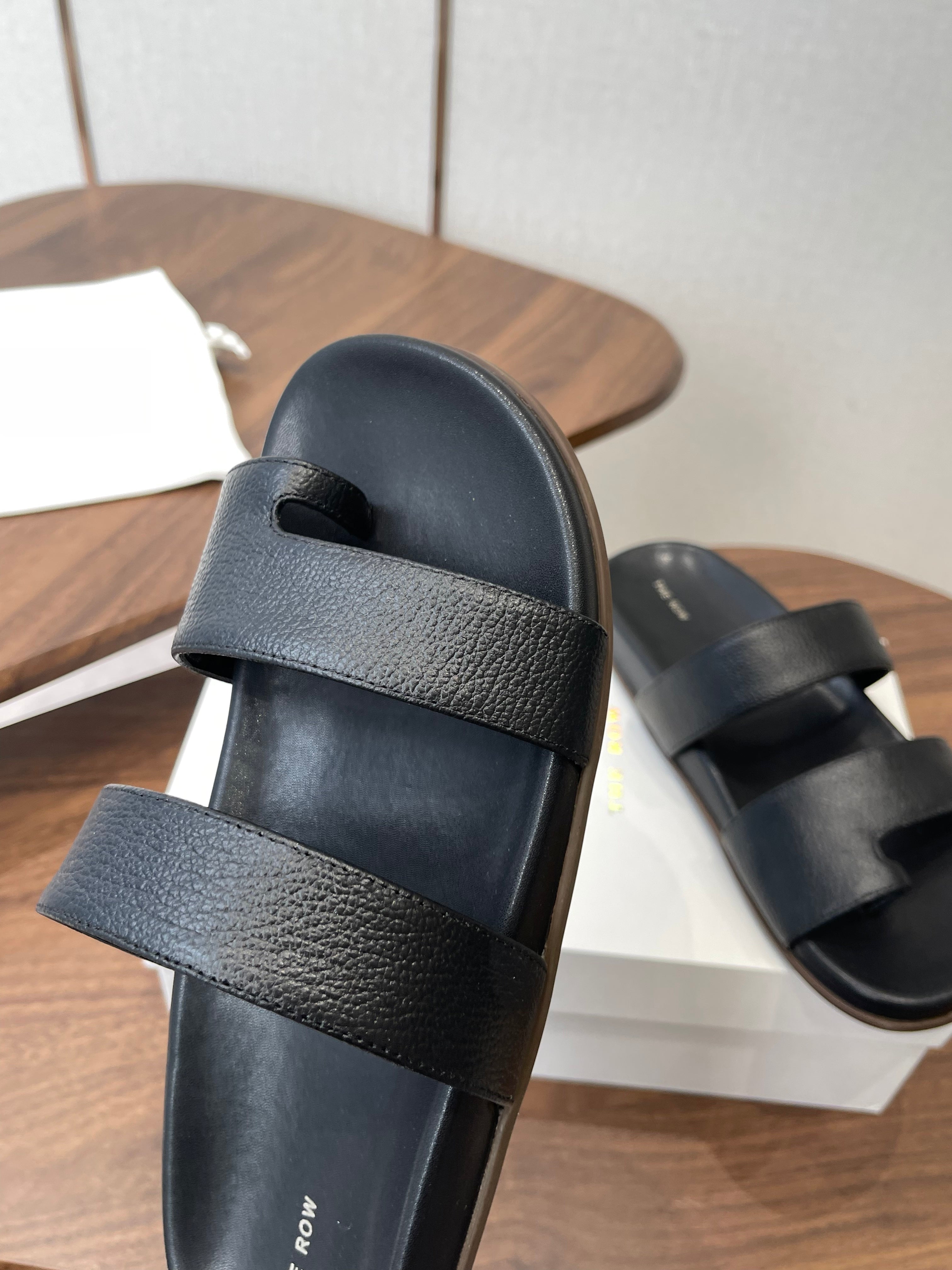 THE ROW 26S DOUBLE STRAP TOE LOOP SLIDE SANDALS IN BLACK CALFSKIN