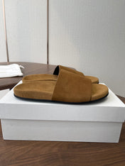 THE ROW 26S SLIDE SANDALS IN GOLD BROWN SUEDE
