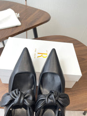 THE ROW 26S SLINGBACK POINTED HEELS IN BLACK CALFSKIN WITH BOW