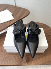 THE ROW 26S SLINGBACK POINTED HEELS IN BLACK CALFSKIN WITH BOW