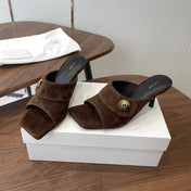 THE ROW 26S BUTTON DETAIL MULE HEELS 70MM IN BROWN SUEDE