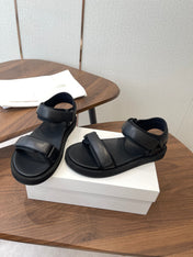 THE ROW 26S DOUBLE STRAP SANDALS IN BLACK CALFSKIN