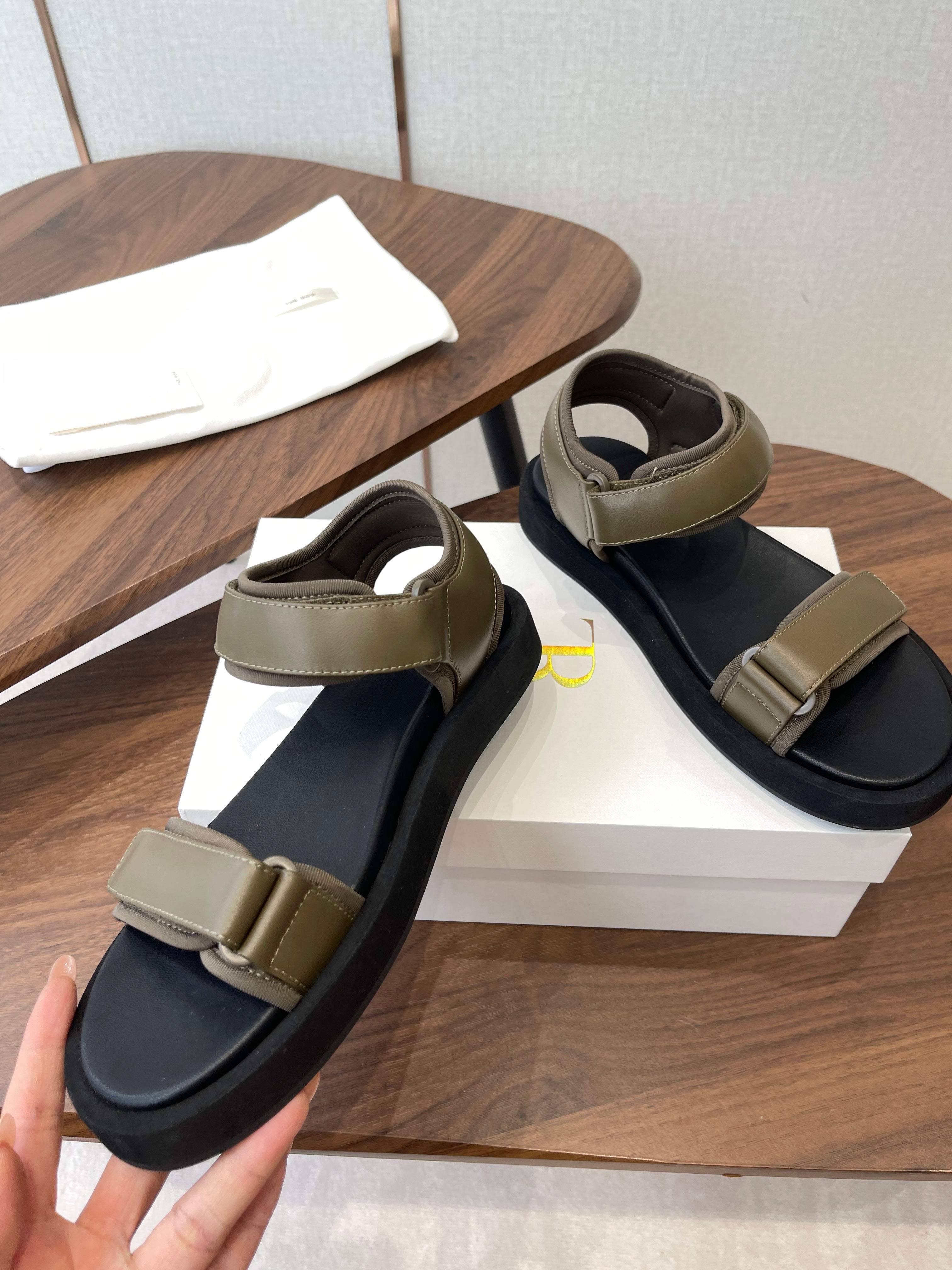THE ROW 26S DOUBLE STRAP SANDALS IN OLIVE GREEN CALFSKIN