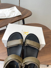 THE ROW 26S DOUBLE STRAP SANDALS IN OLIVE GREEN CALFSKIN