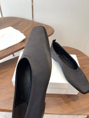 THE ROW 26S SQUARE TOE BALLET FLATS IN BLACK SATIN