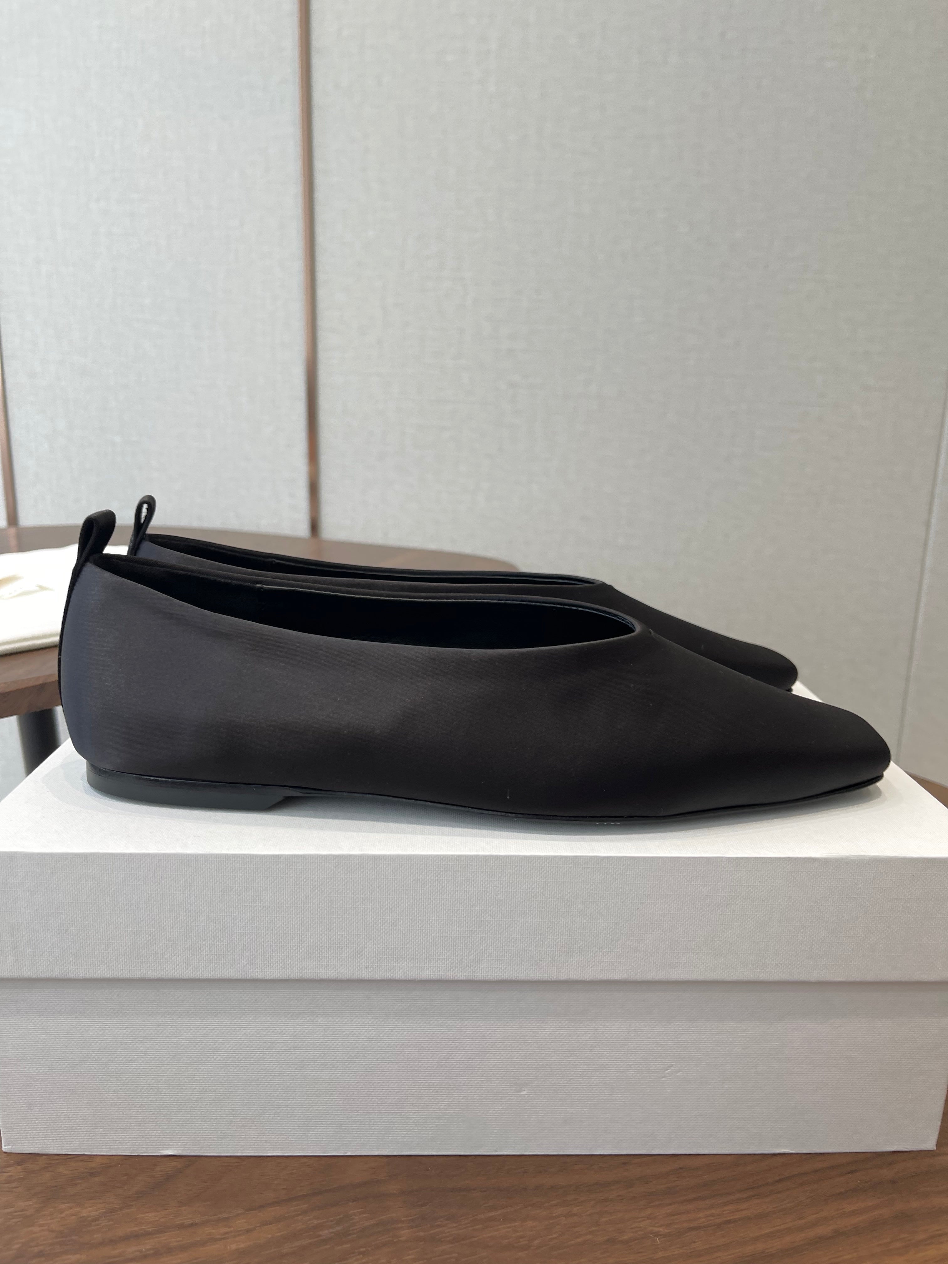 THE ROW 26S SQUARE TOE BALLET FLATS IN BLACK SATIN