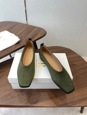 THE ROW 26S SQUARE TOE BALLET FLATS IN OLIVE GREEN SATIN