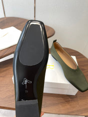 THE ROW 26S SQUARE TOE BALLET FLATS IN OLIVE GREEN SATIN