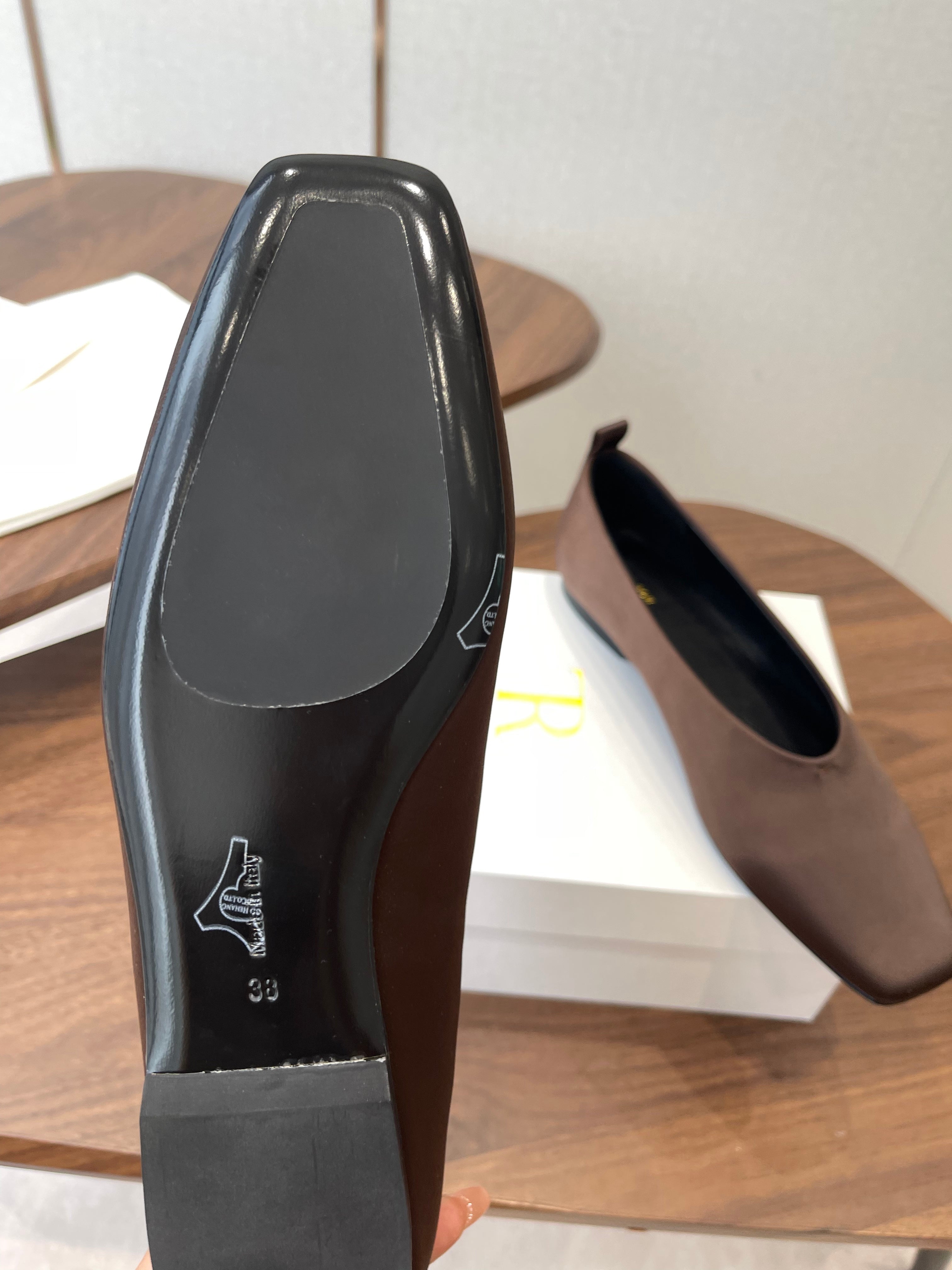THE ROW 26S SQUARE TOE BALLET FLATS IN DARK BROWN SATIN