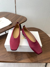 THE ROW 26S SQUARE TOE BALLET FLATS IN WINE RED SATIN