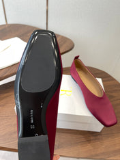 THE ROW 26S SQUARE TOE BALLET FLATS IN WINE RED SATIN