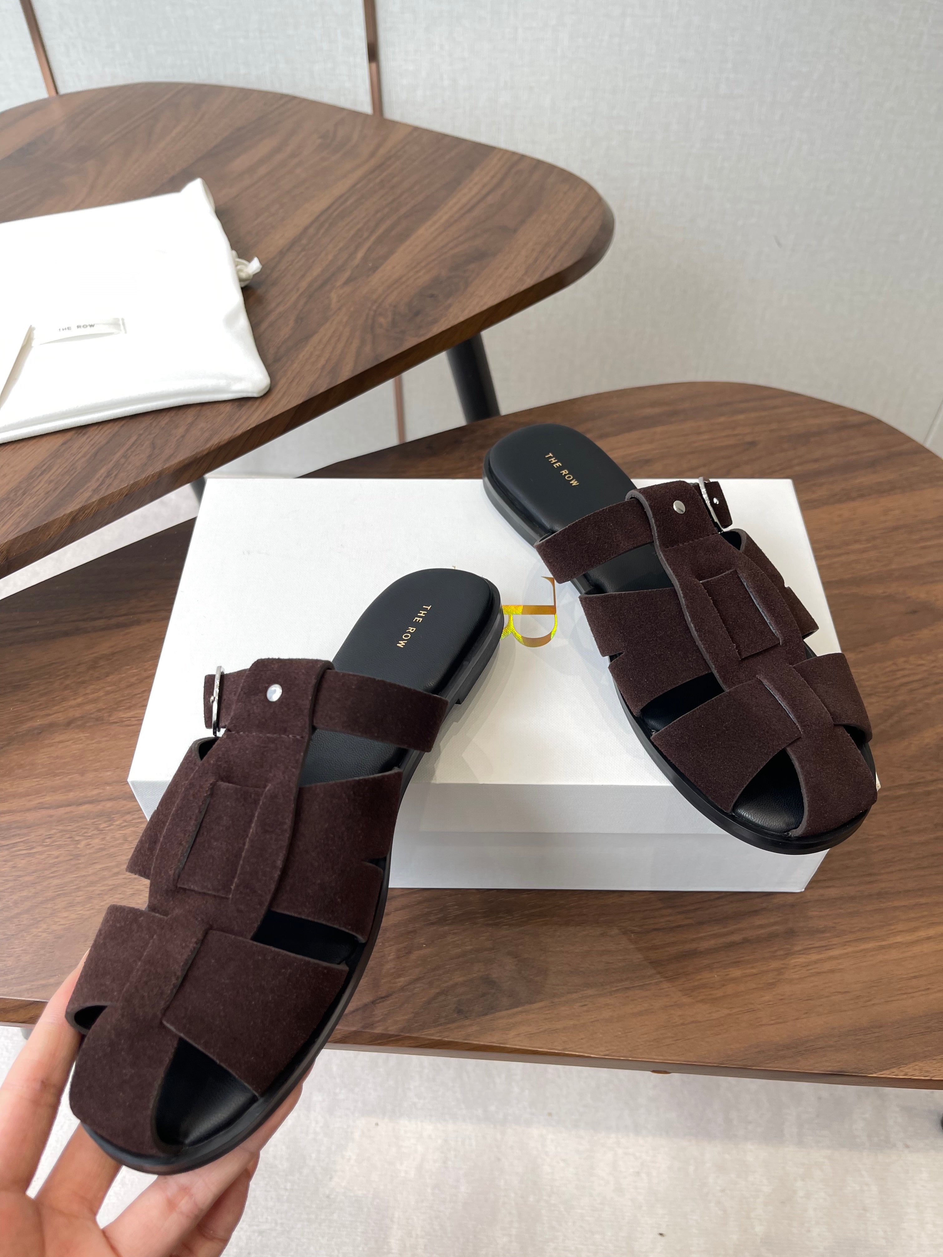 THE ROW 26S GLADIATOR SLIDE SANDALS IN DARK BROWN SUEDE
