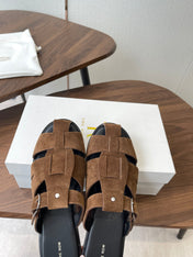 THE ROW 26S GLADIATOR SLIDE SANDALS IN BROWN SUEDE